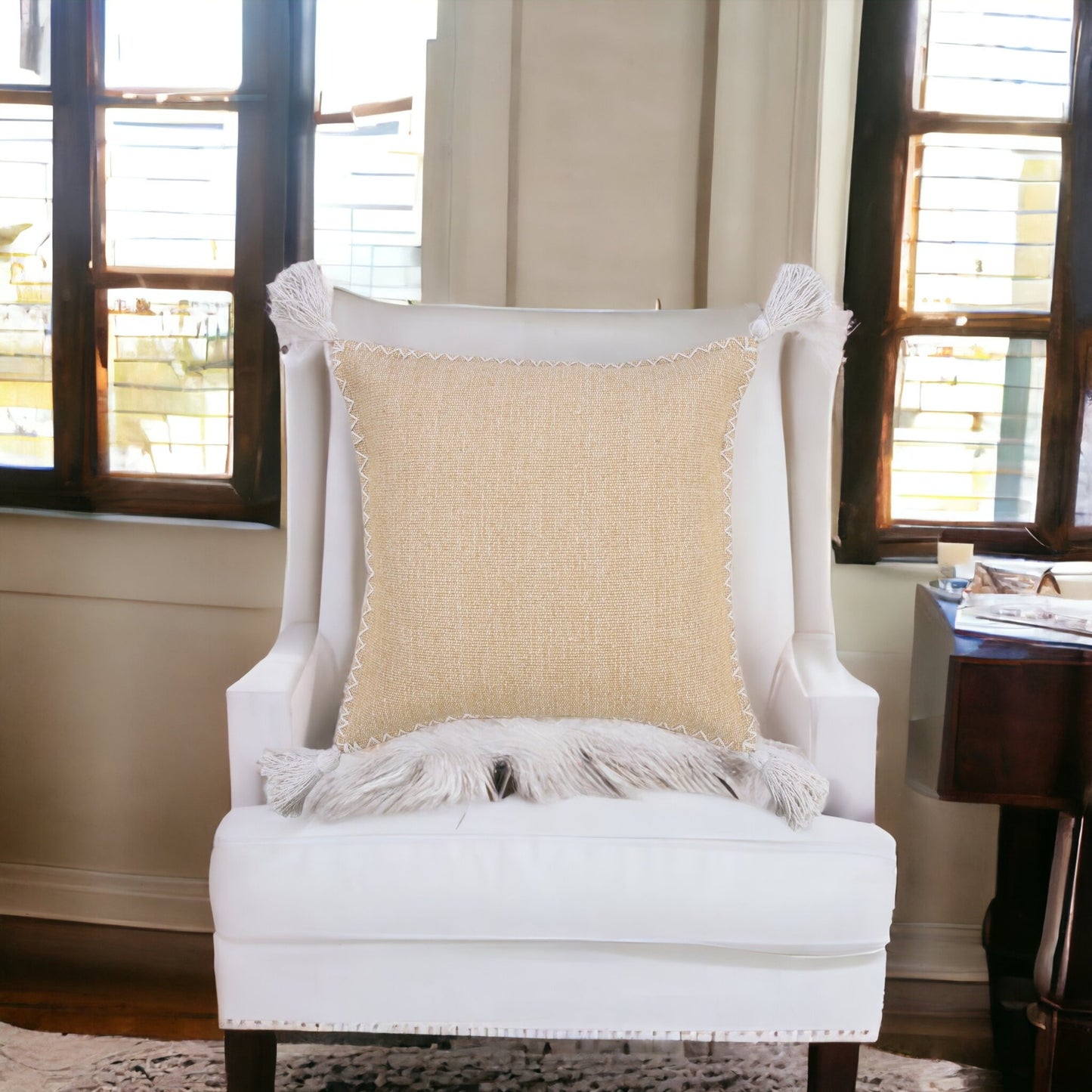 20" X 20" Brown and White Cotton Zippered Pillow With Embroidery, Tassels