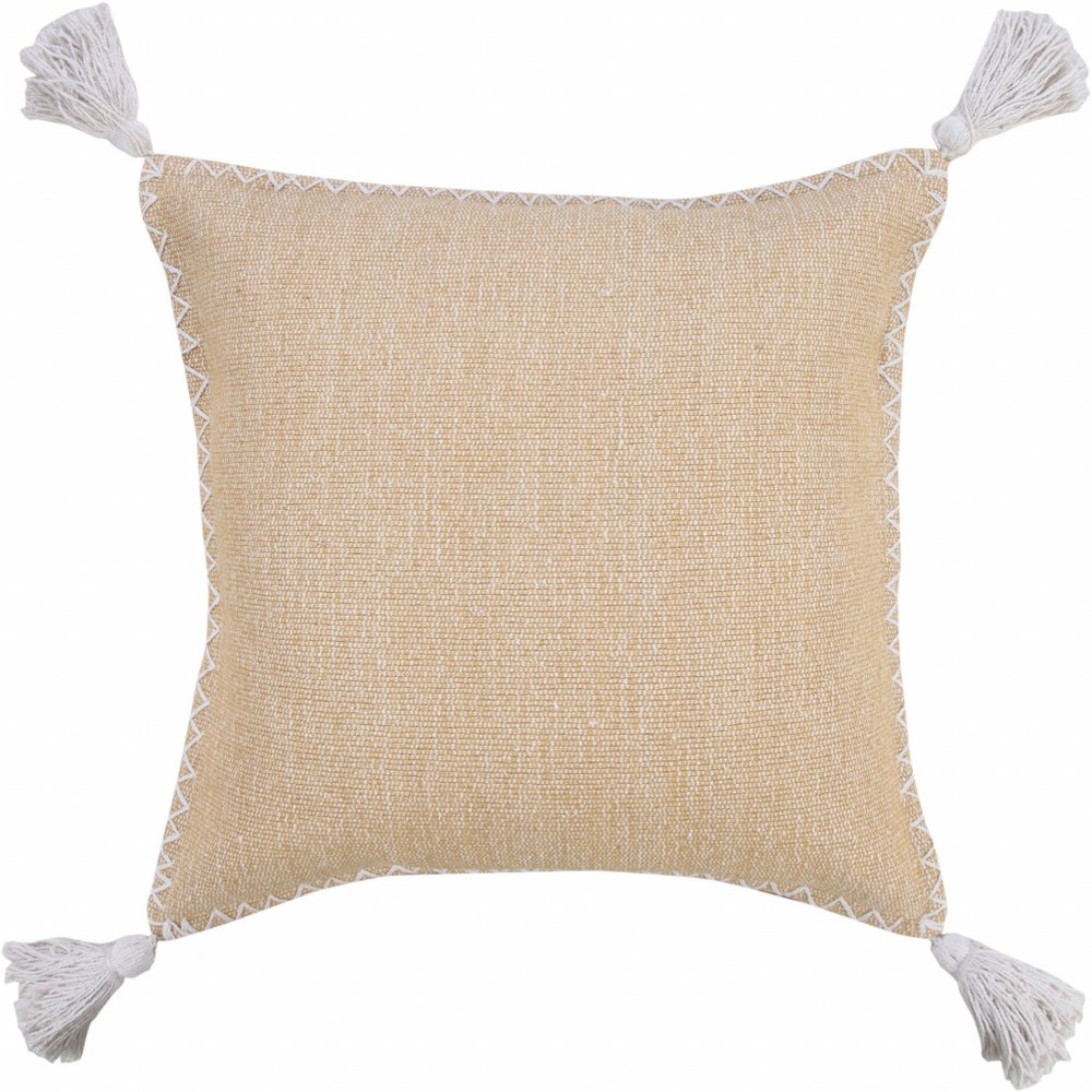 20" Brown and White Throw Pillow with Embroidery and Tassels