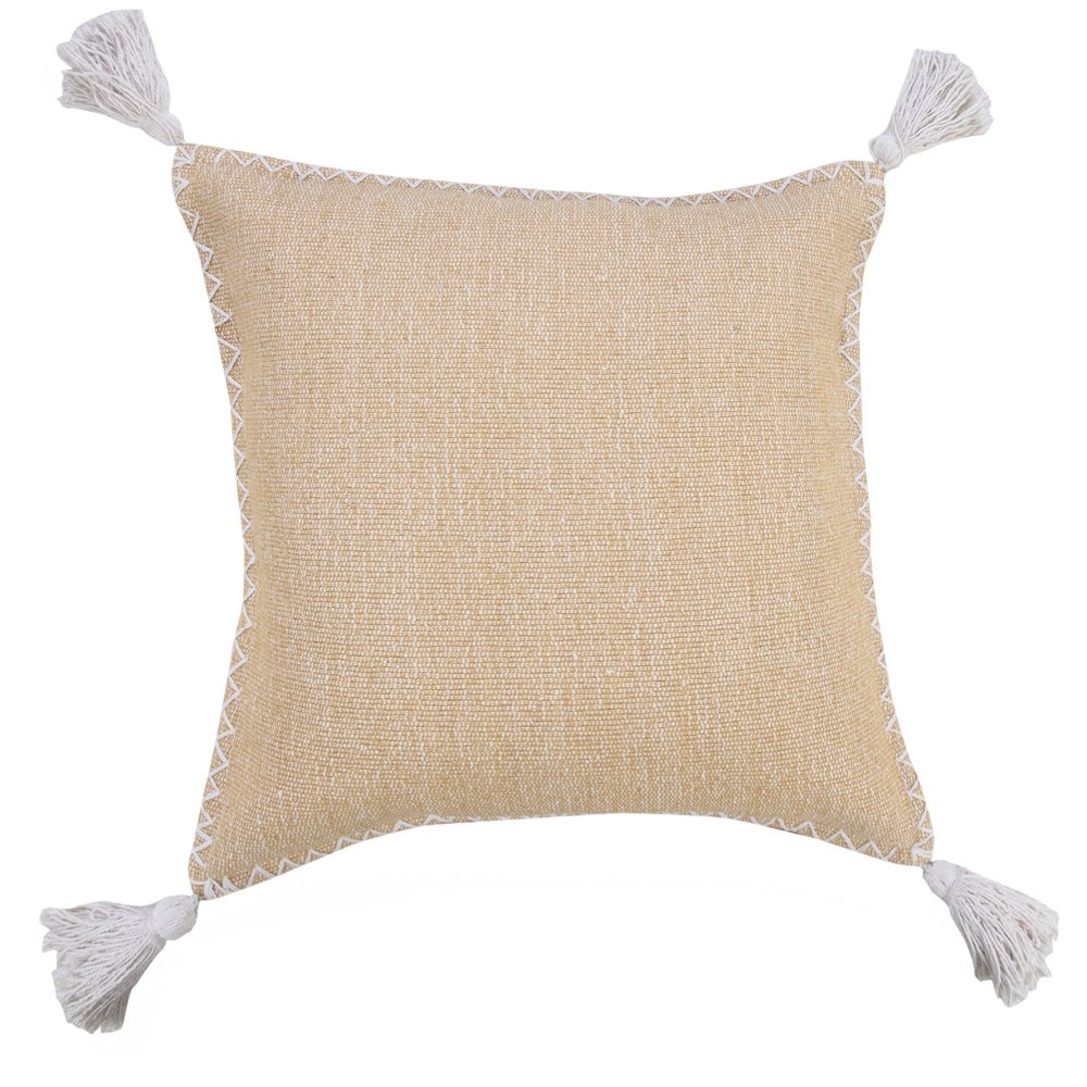 20" Brown and White Throw Pillow with Embroidery and Tassels