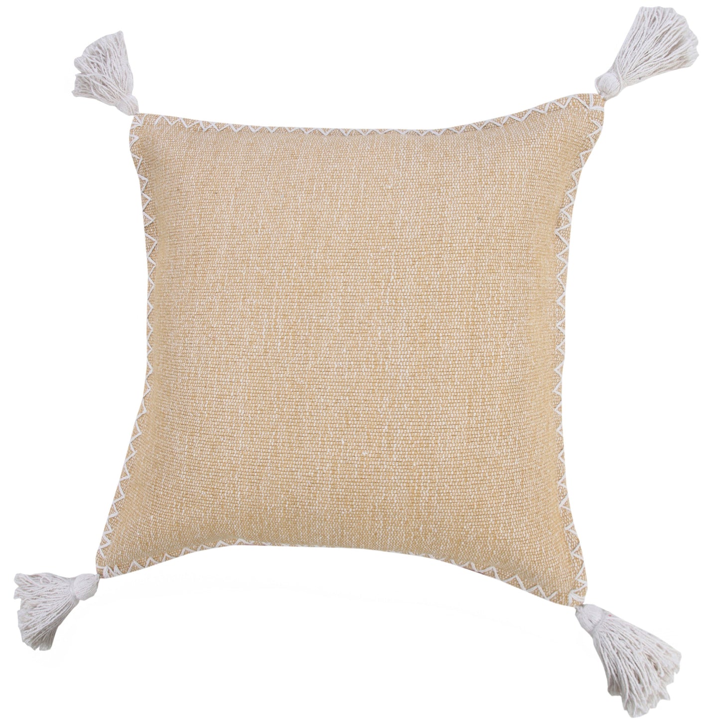 20" X 20" Brown and White Cotton Zippered Pillow With Embroidery, Tassels