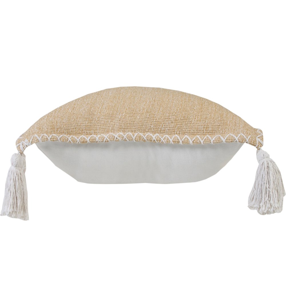 20" Brown and White Throw Pillow with Embroidery and Tassels