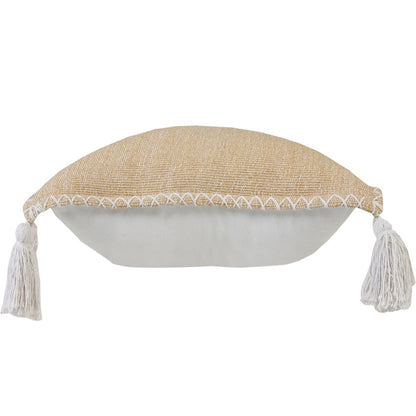 20" Brown and White Throw Pillow with Embroidery and Tassels