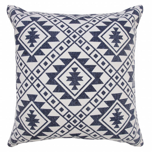 20" X 20" Navy And White 100% Cotton Geometric Zippered Pillow