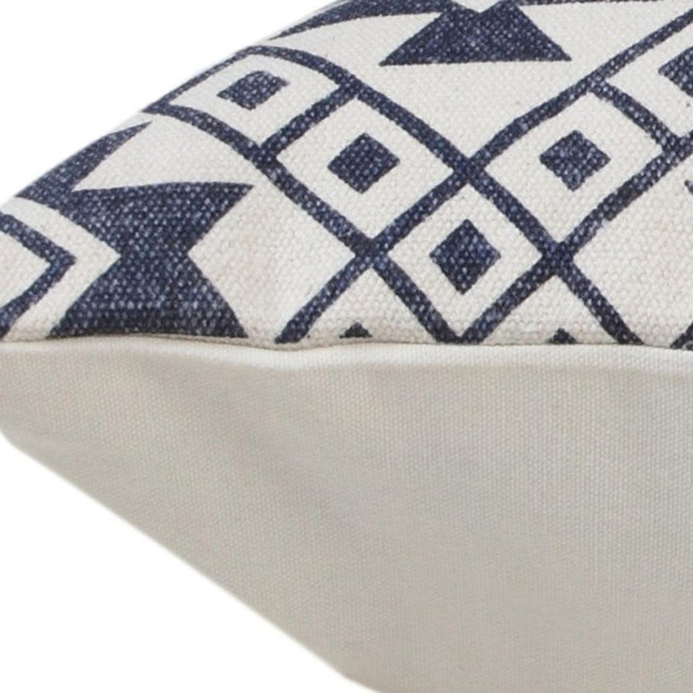 20" X 20" Navy And White 100% Cotton Geometric Zippered Pillow