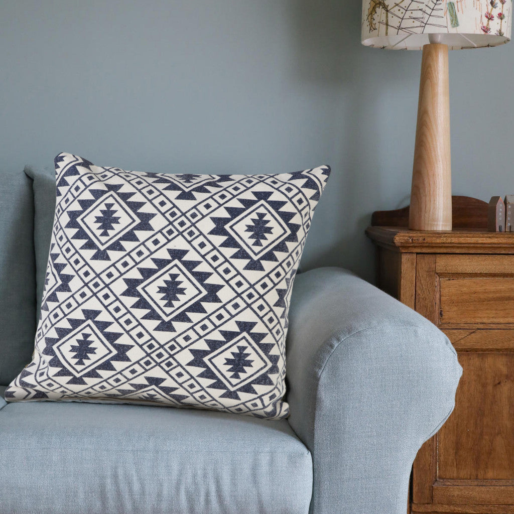 20" X 20" Navy And White 100% Cotton Geometric Zippered Pillow