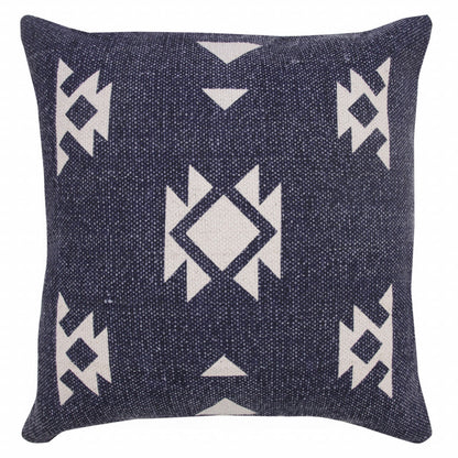 14" X 36" Navy And White 100% Cotton Geometric Zippered Pillow