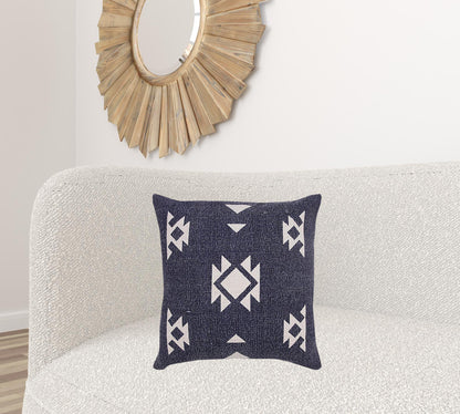 14" X 36" Navy And White 100% Cotton Geometric Zippered Pillow