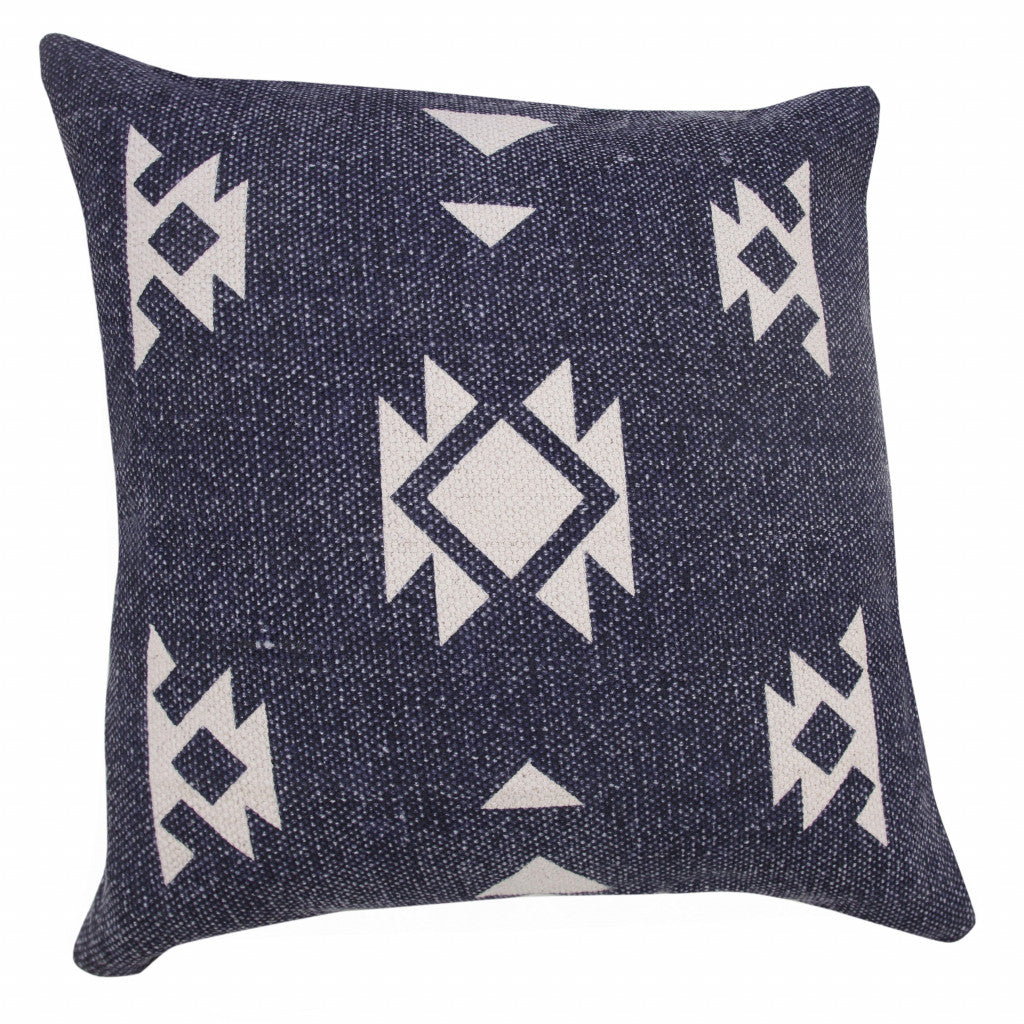 14" X 36" Navy And White 100% Cotton Geometric Zippered Pillow