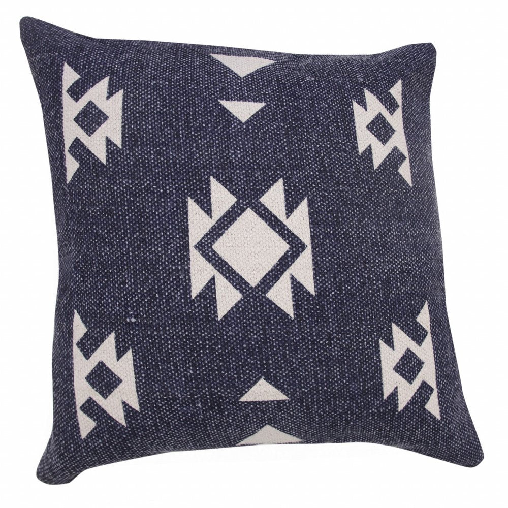 14" X 36" Navy Blue And White Cotton Geometric Throw Pillow