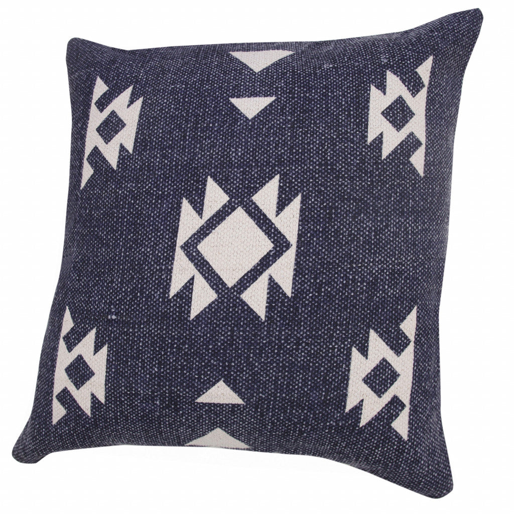 14" X 36" Navy And White 100% Cotton Geometric Zippered Pillow