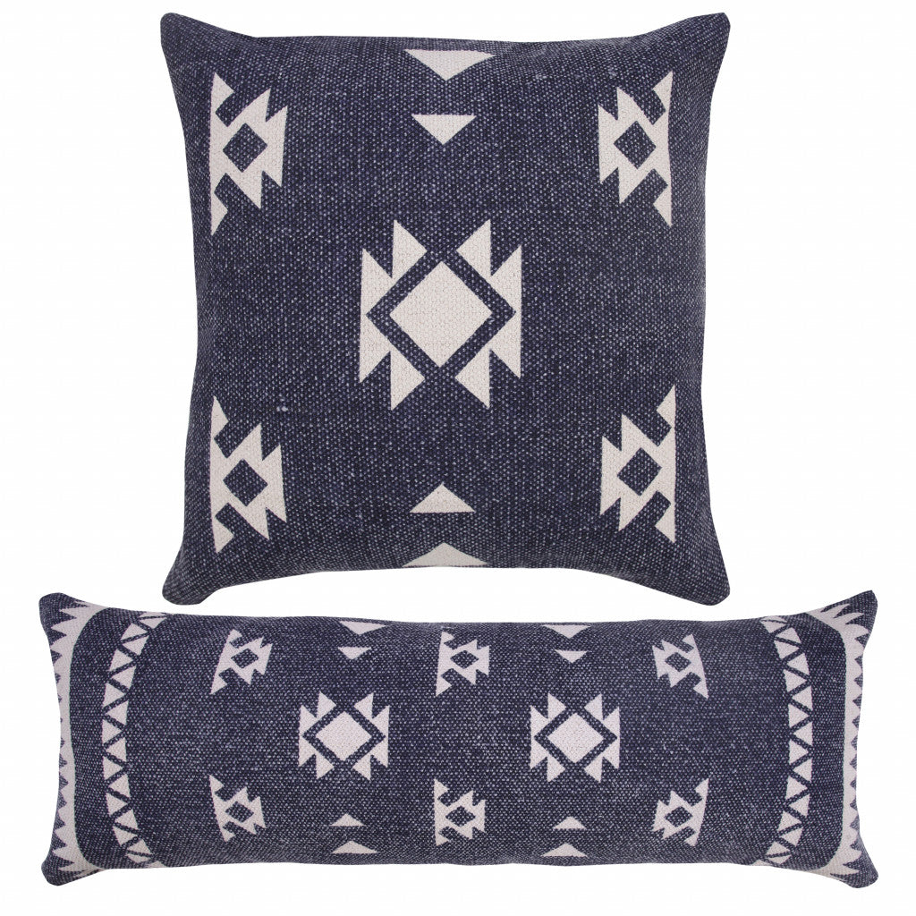 14" X 36" Navy And White 100% Cotton Geometric Zippered Pillow