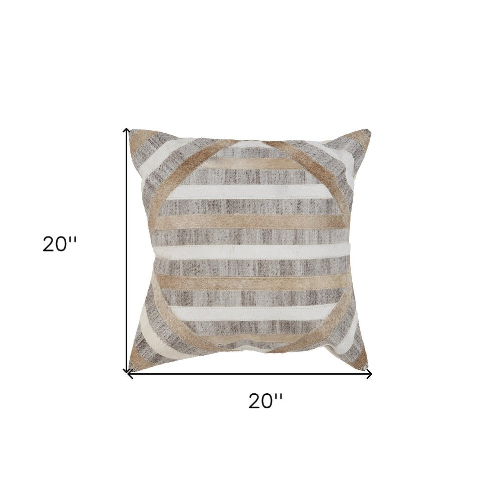 20" Beige and Brown Striped Cowhide Throw Pillow