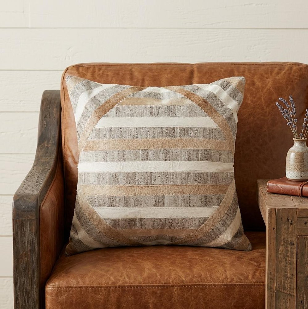 20" Beige and Brown Striped Cowhide Throw Pillow