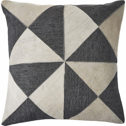 20" Charcoal and Ivory Geometric Wool And Faux Leather Throw Pillow