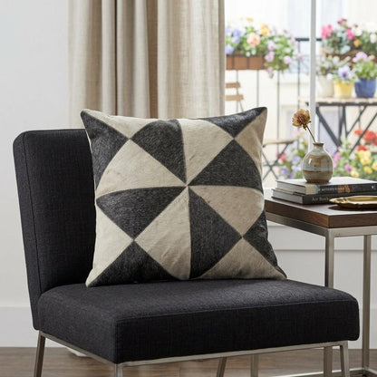 20" Charcoal and Ivory Geometric Wool And Faux Leather Throw Pillow