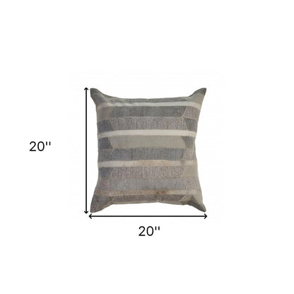 20" Beige Gray and Ivory Striped Wool and Faux Hide Throw Pillow