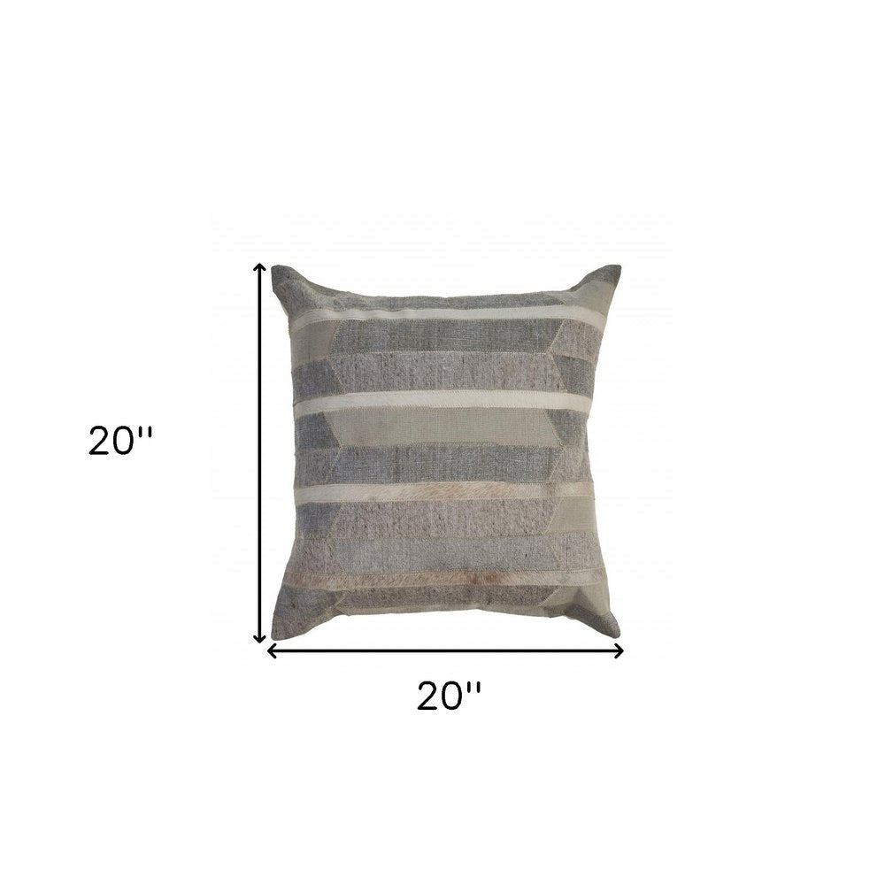 20" Beige Gray and Ivory Striped Wool and Faux Hide Throw Pillow