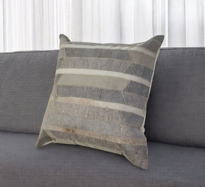 20" Beige Gray and Ivory Striped Wool and Faux Hide Throw Pillow