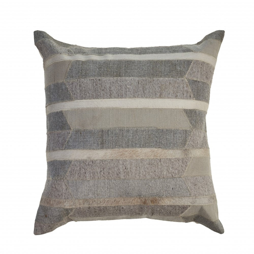 20" Beige Gray and Ivory Striped Wool and Faux Hide Throw Pillow