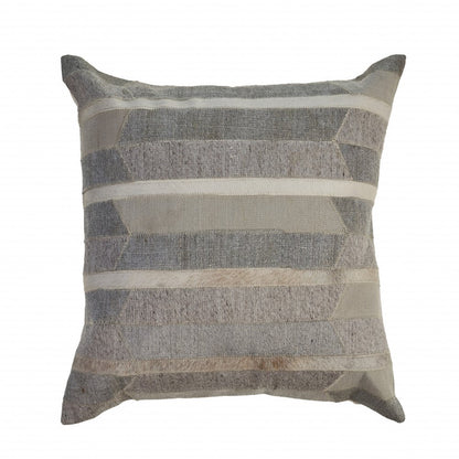 20" Beige Gray and Ivory Striped Wool and Faux Hide Throw Pillow