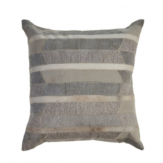 20" Beige Gray and Ivory Striped Wool and Faux Hide Throw Pillow