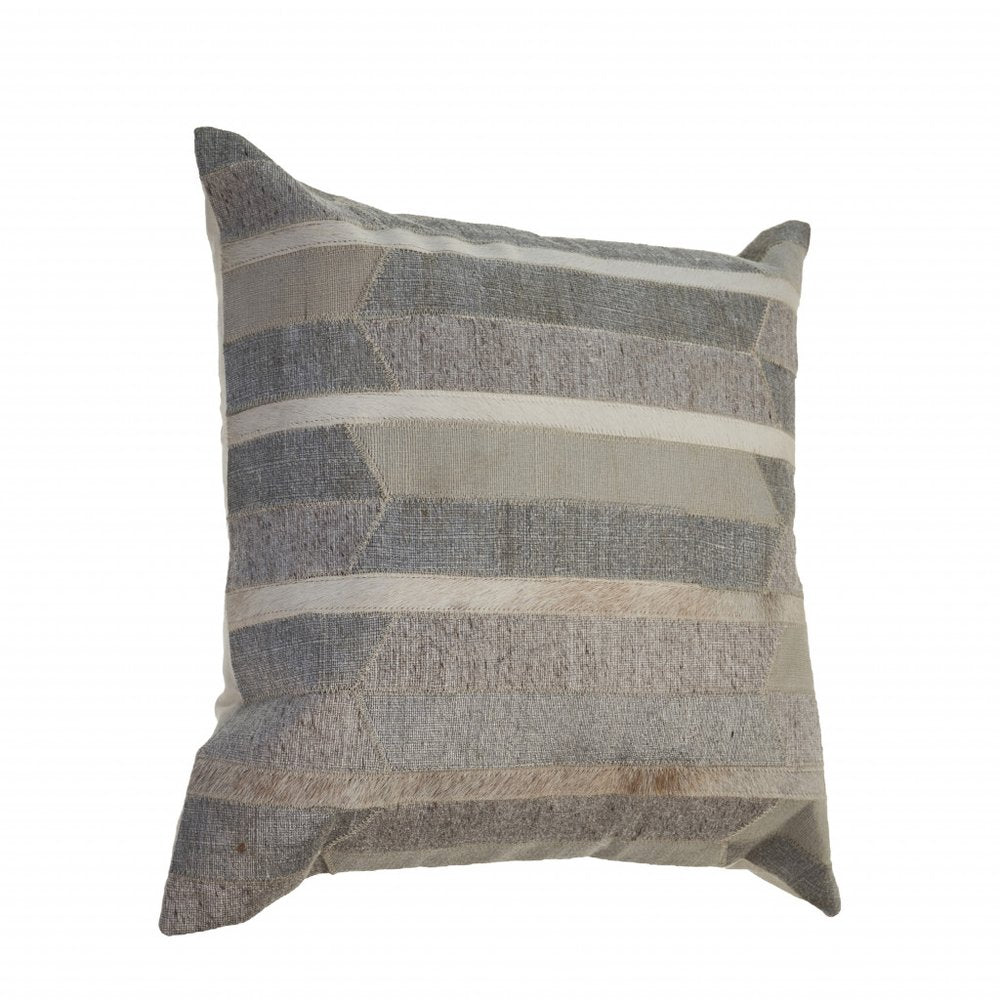 20" Beige Gray and Ivory Striped Wool and Faux Hide Throw Pillow