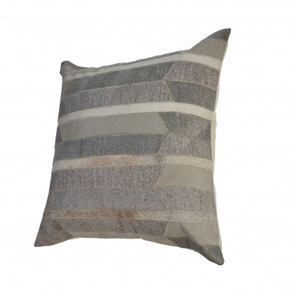20" Beige Gray and Ivory Striped Wool and Faux Hide Throw Pillow