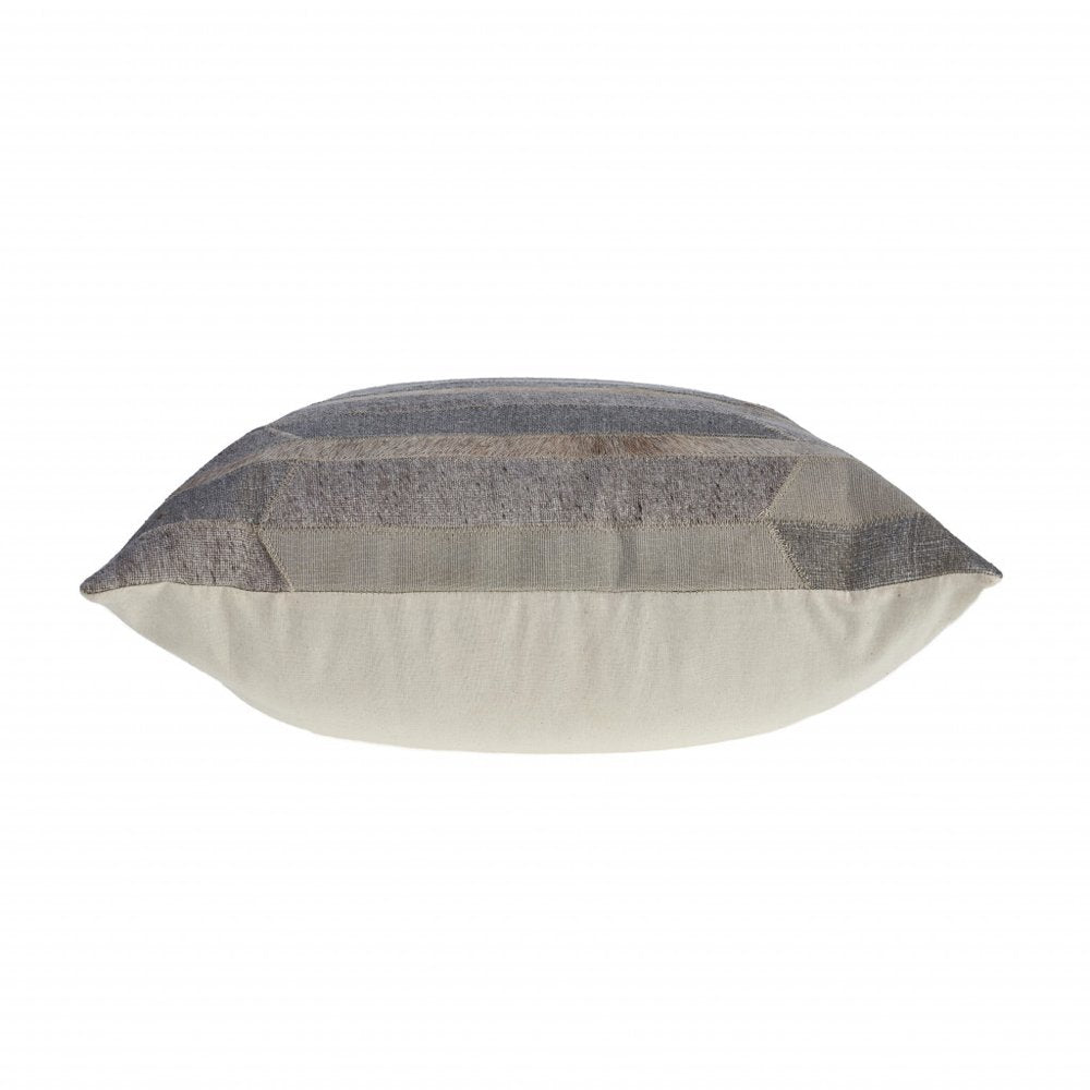 20" Beige Gray and Ivory Striped Wool and Faux Hide Throw Pillow