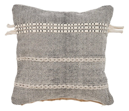 20" Black And Natural Striped Cotton Throw Pillow with Tassels