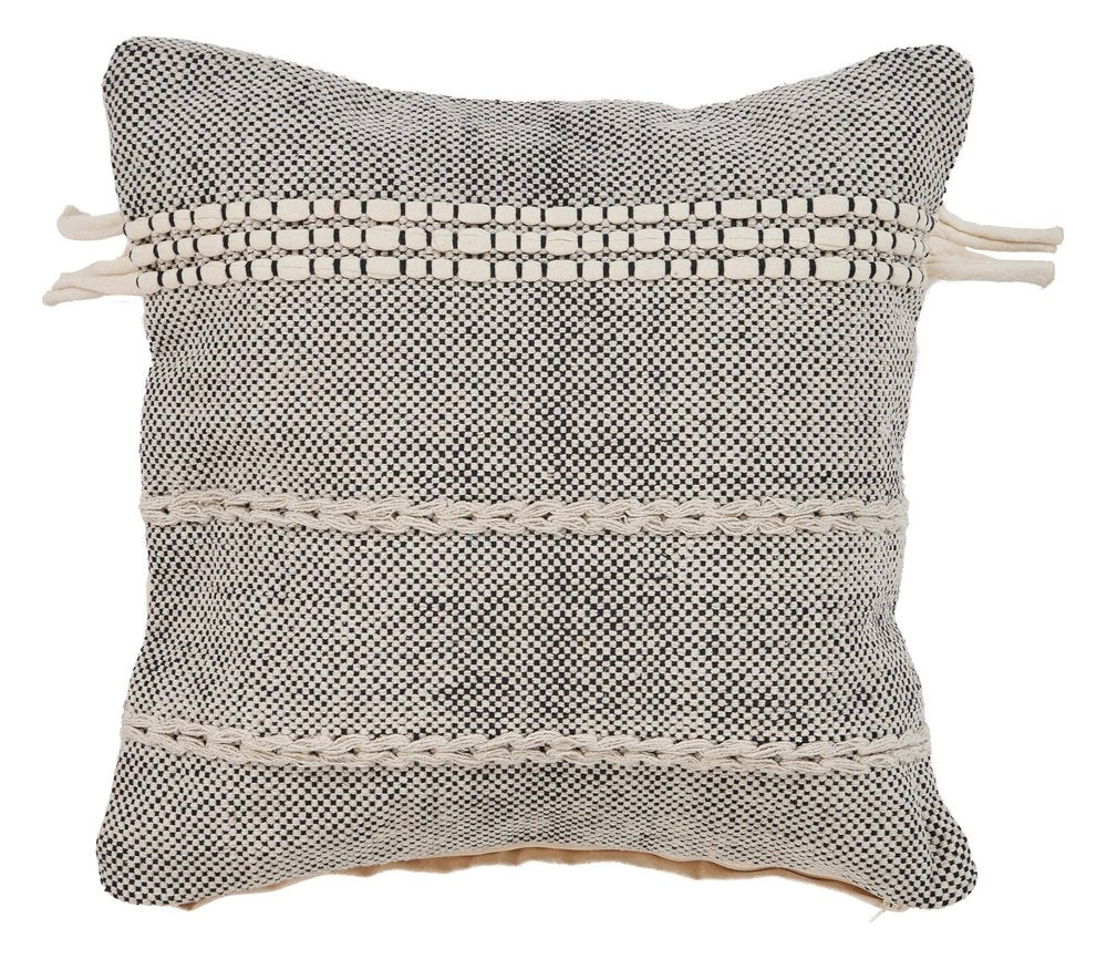 20" Black And Natural Striped Cotton Throw Pillow with Tassels