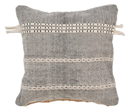 20" Black And Natural Striped Cotton Throw Pillow with Tassels