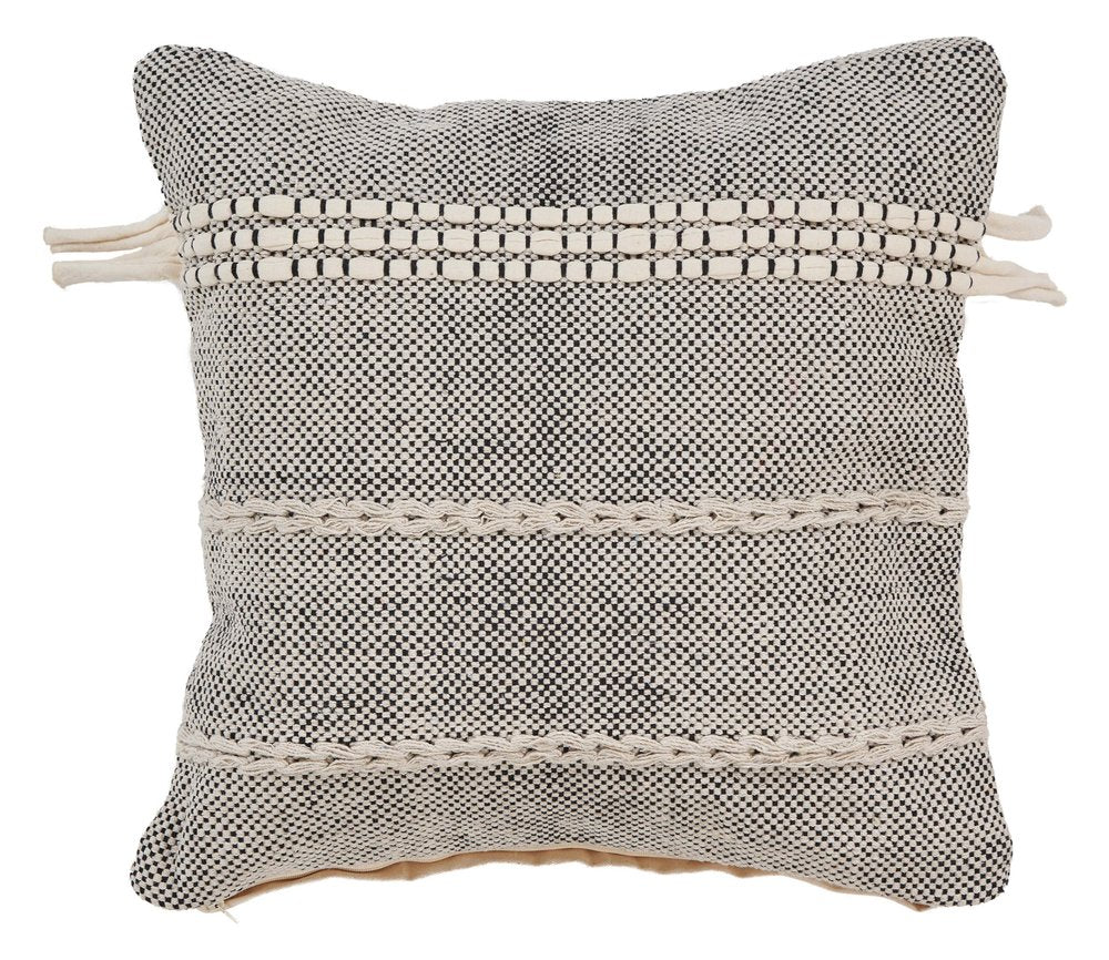 20" Black And Natural Striped Cotton Throw Pillow with Tassels