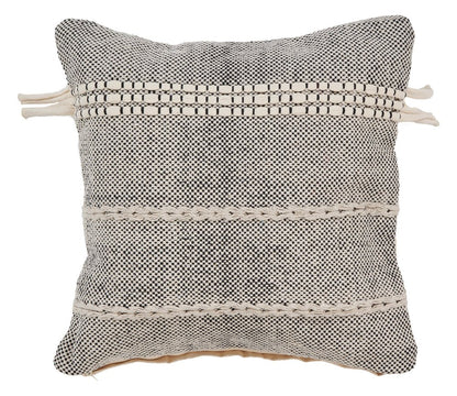 20" Black And Natural Striped Cotton Throw Pillow with Tassels