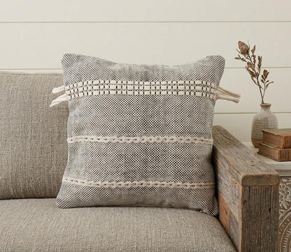20" Black And Natural Striped Cotton Throw Pillow with Tassels