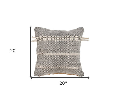 20" Black And Natural Striped Cotton Throw Pillow with Tassels