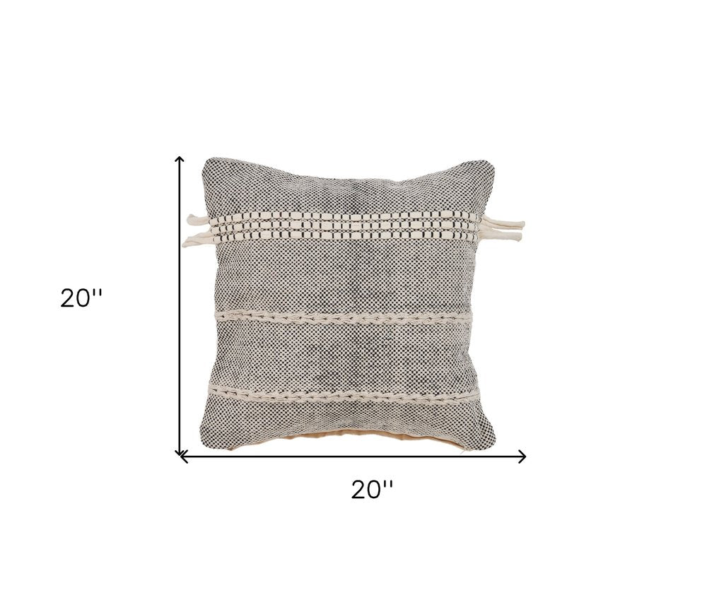 20" Black And Natural Striped Cotton Throw Pillow with Tassels