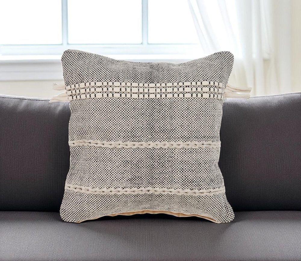 20" Black And Natural Striped Cotton Throw Pillow with Tassels