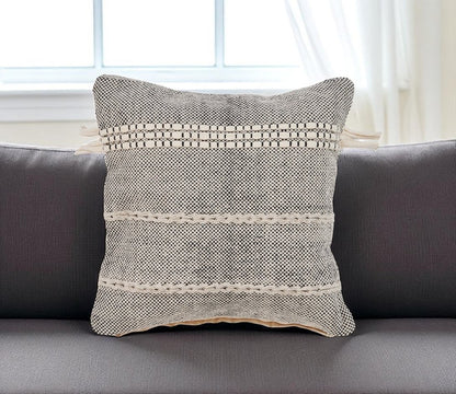 20" Black And Natural Striped Cotton Throw Pillow with Tassels