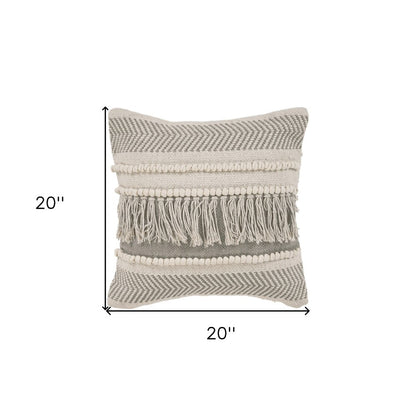 20" Beige and Ivory Throw Pillow with Fringe