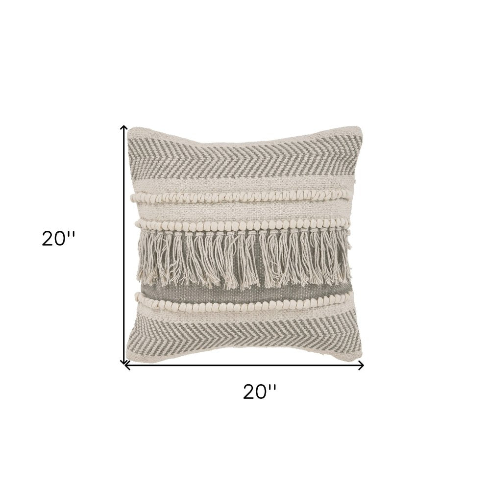 20" Beige and Ivory Throw Pillow with Fringe