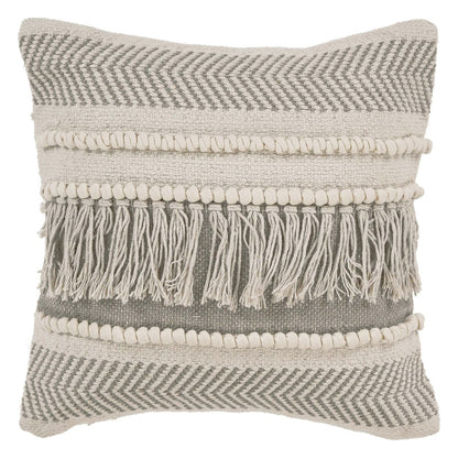 20" Beige and Ivory Throw Pillow with Fringe
