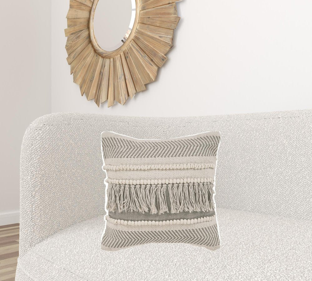 20" Beige and Ivory Throw Pillow with Fringe