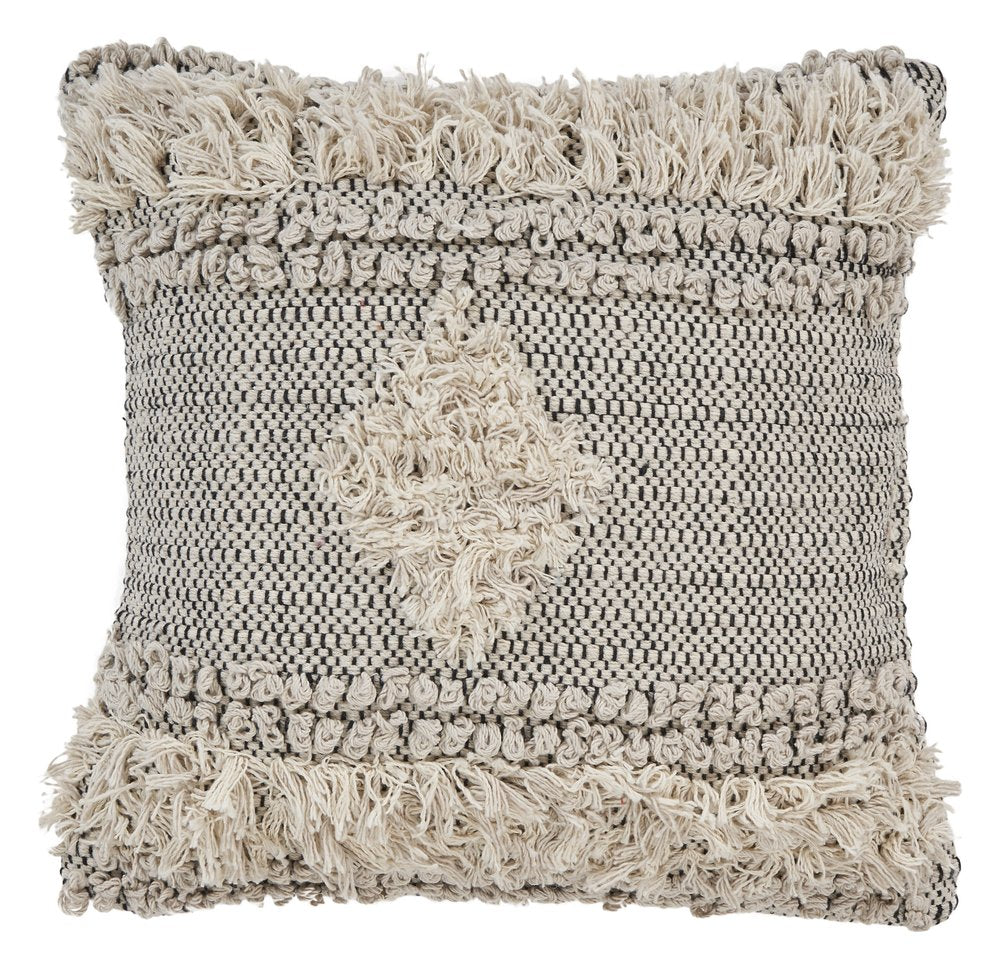 20" Natural and Black Throw Pillow with Fringe