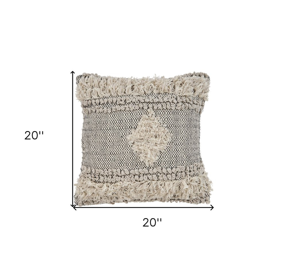 20" Natural and Black Throw Pillow with Fringe