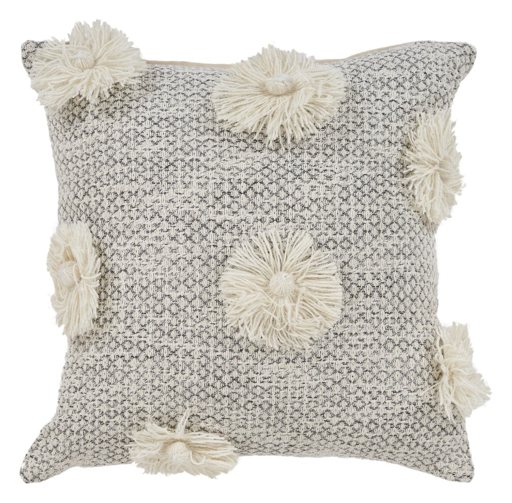 18" Gray and Ivory Throw Pillow with Tassels