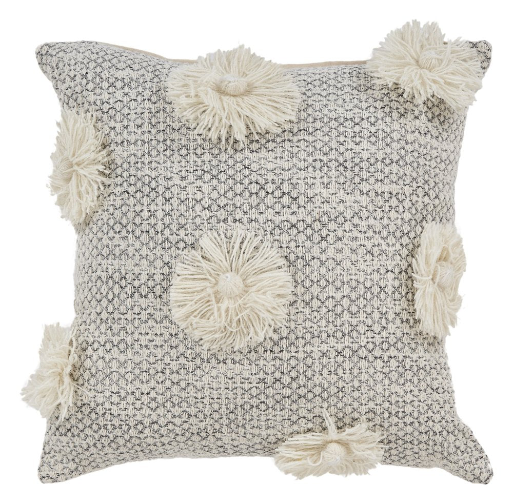 18" Gray and Ivory Throw Pillow with Tassels