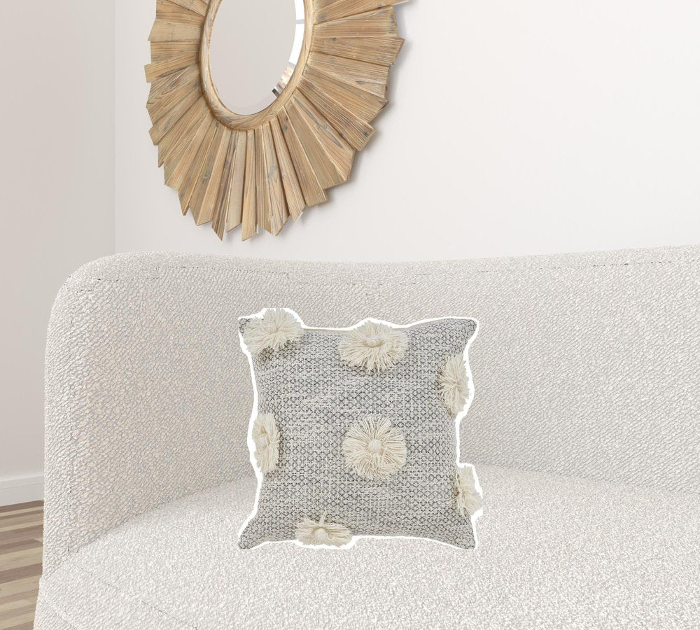 18" Gray and Ivory Throw Pillow with Tassels