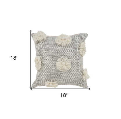 18" Gray and Ivory Throw Pillow with Tassels