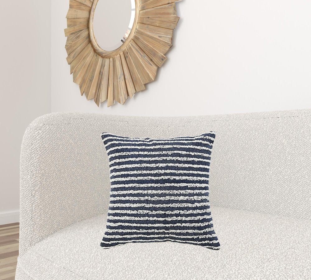 20" X 20" Ensign Blue And Cream 100% Cotton Striped Zippered Pillow