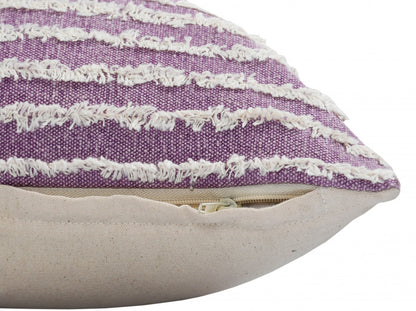 14" X 36" Purple And Cream 100% Cotton Striped Zippered Pillow